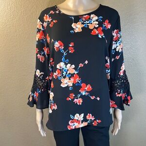 Floral Bell Sleeve Blouse Black Red Blue Crochet Lace Inset Top Sz PXL